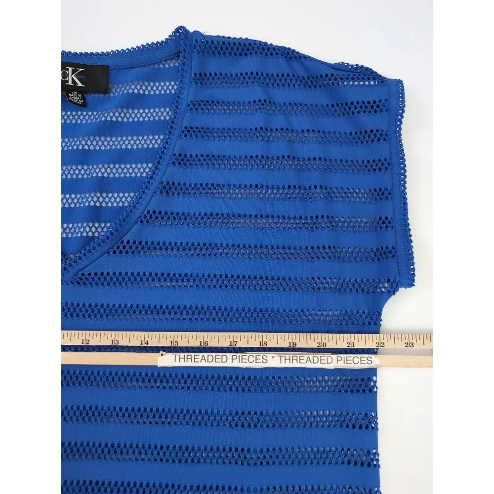 Calvin Klein Tunic Swim Cover Up Womens L Blue Open Knit V-Neck Beach‎ Pool Vaca